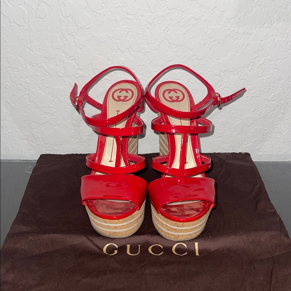 Gucci Vernice Crystal Red Women's Wedge Sandals Size 38